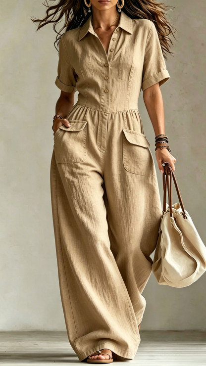 Women's cotton and linen loose short-sleeved button jumpsuit