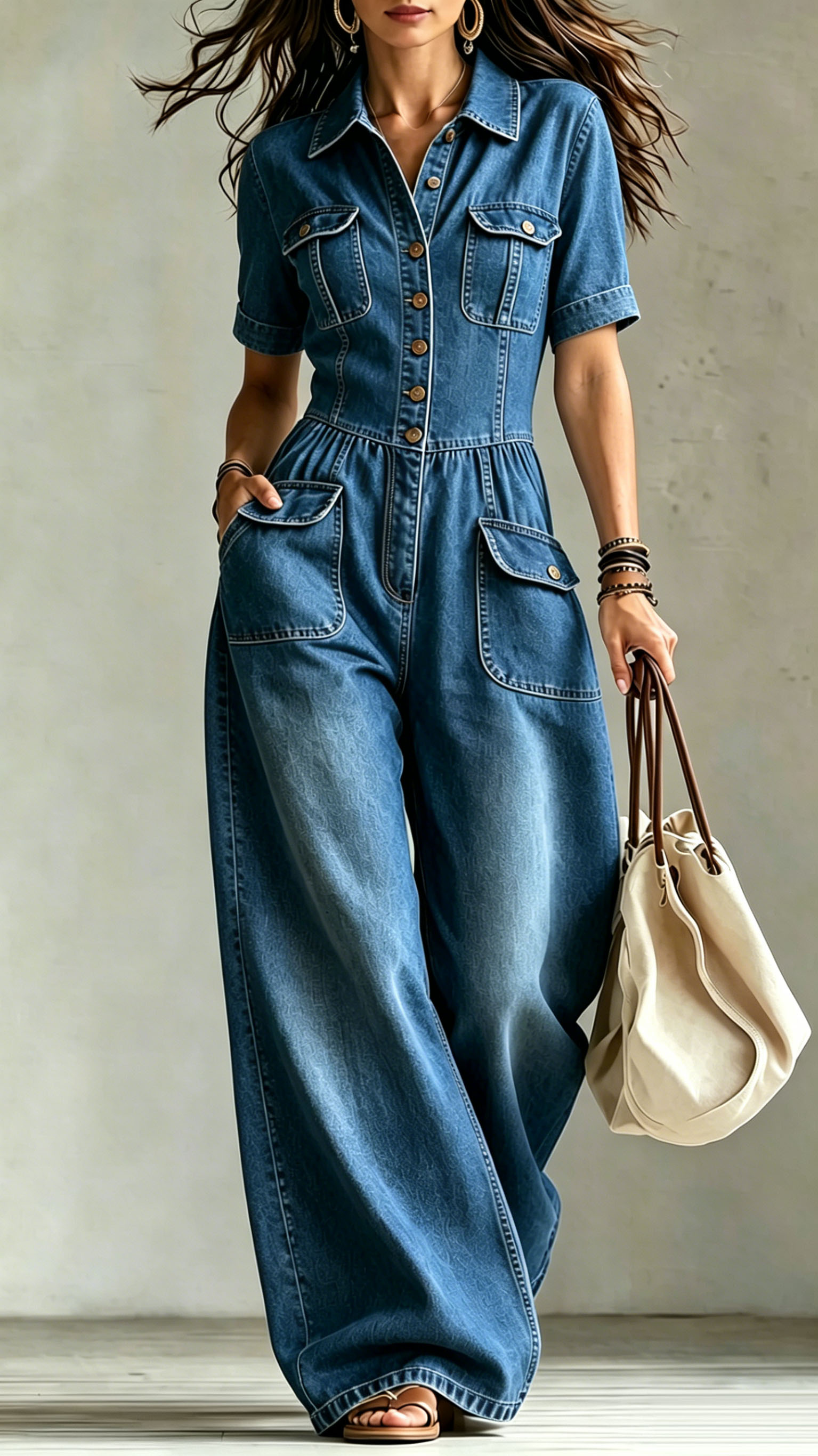 Women's Washed Denim Loose Short-Sleeve Jumpsuit