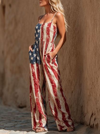Retro-style Flag Print Cotton Linen Sleeveless Jumpsuit