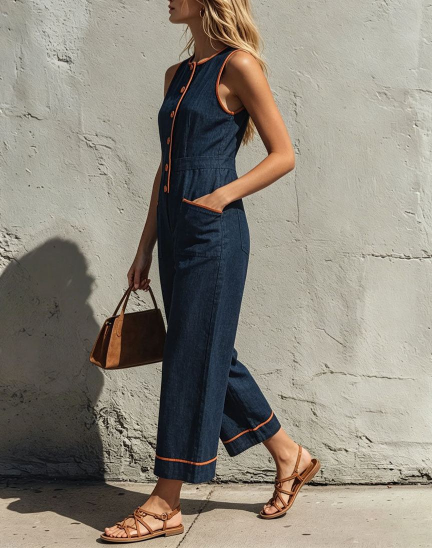 Casual Retro Color-blocked Trim Blue Sleeveless Round Neck Cotton-linen Jumpsuit