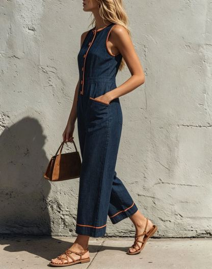 Casual Retro Color-blocked Trim Blue Sleeveless Round Neck Cotton-linen Jumpsuit