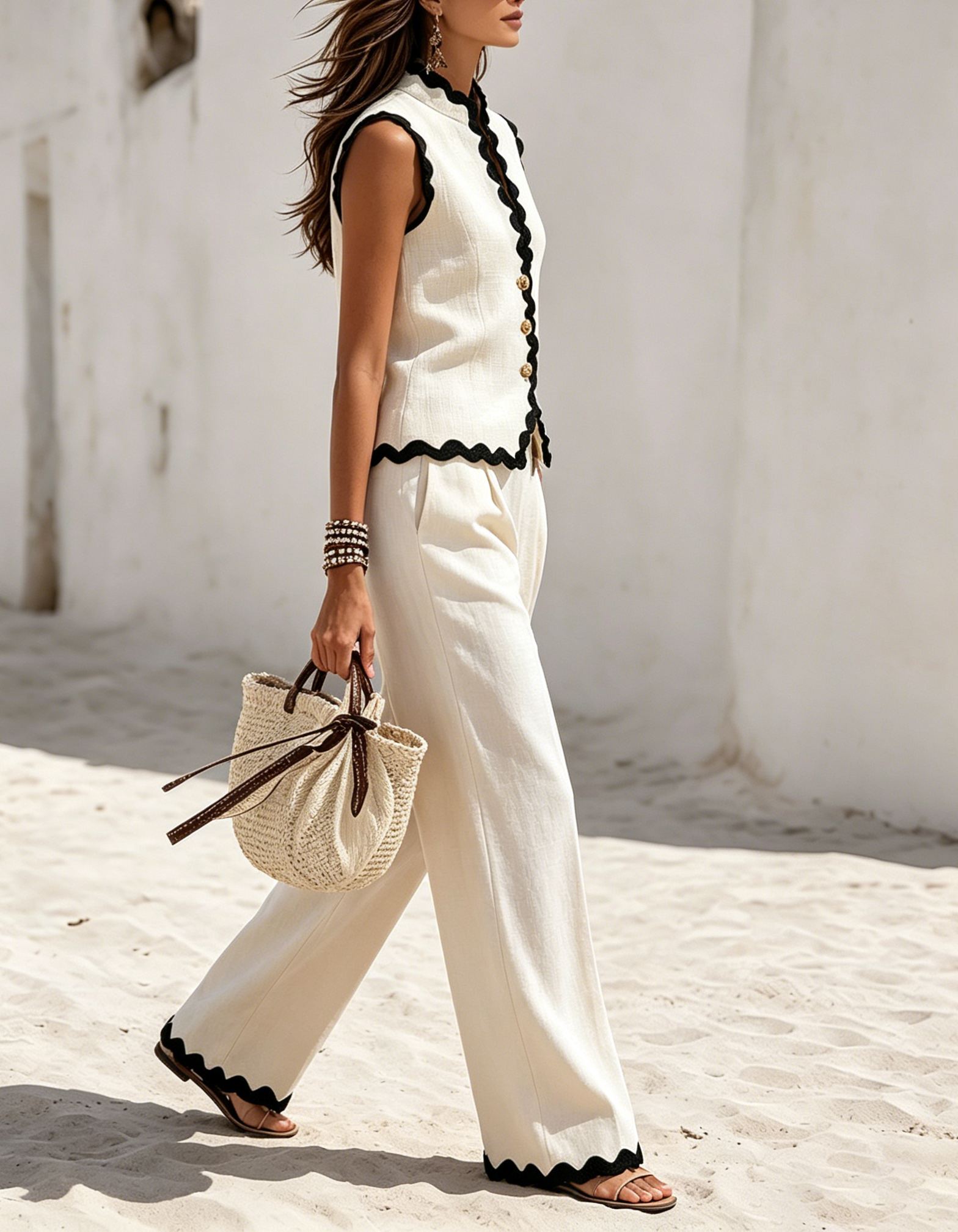 Resort-style Sleeveless Top With Wavy Hem And Linen Trousers Set