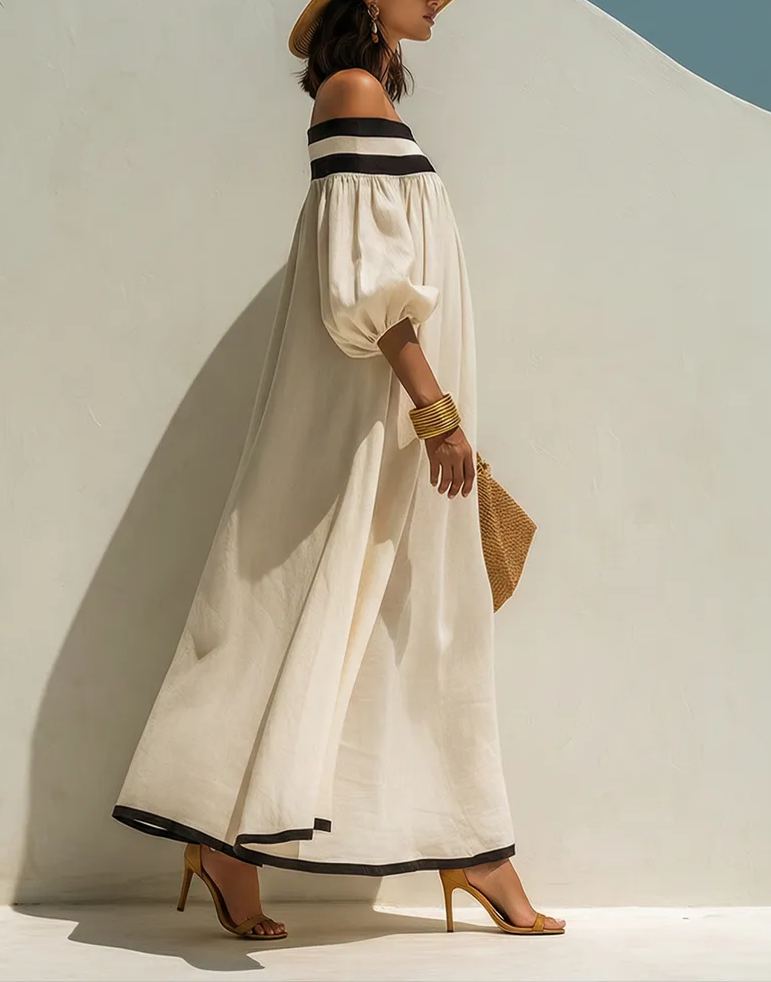 Loose-fitting Color-blocked Off-the-shoulder Beige Cotton-linen Maxi Dress