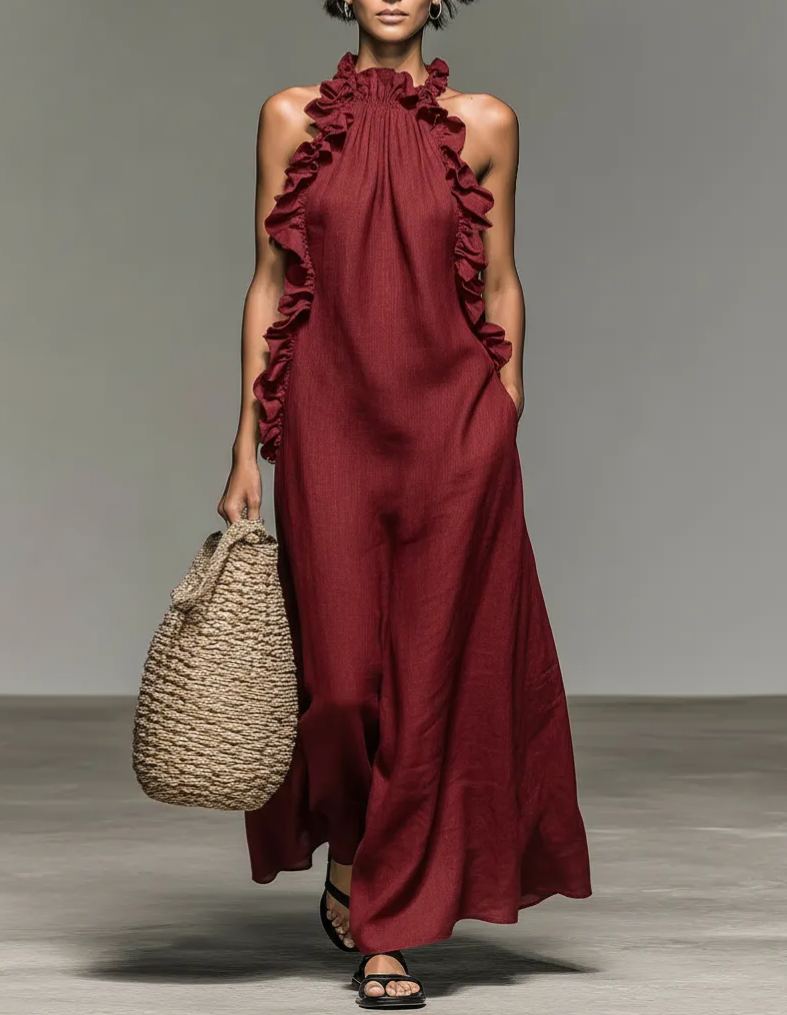 Women's Minimalist Linen-blend Sleeveless Maxi Dress With Ruffle Details