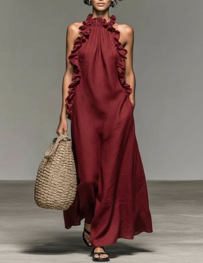 Women's Minimalist Linen-blend Sleeveless Maxi Dress With Ruffle Details