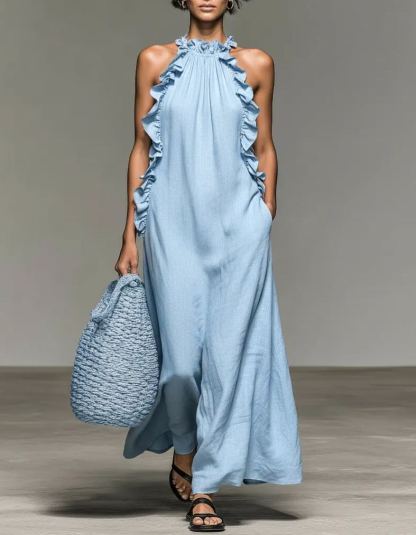 Women's Minimalist Linen-blend Sleeveless Maxi Dress With Ruffle Details