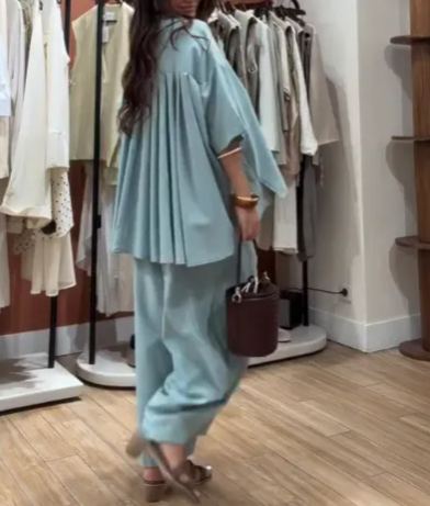 Women's  2-Piece Set Pleated Oversized Shirt & Wide Leg Pants