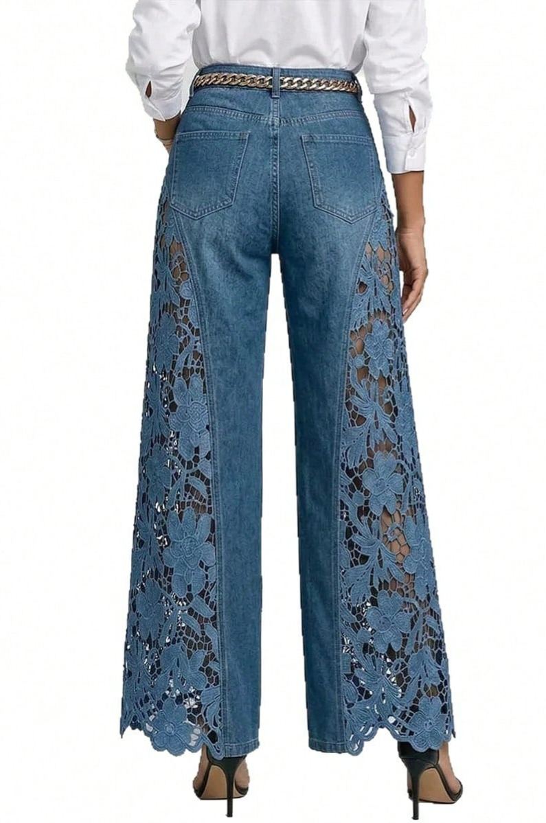 Summer Hollow Out Jeans Women Elegant High Waist Wide Leg Bottoms