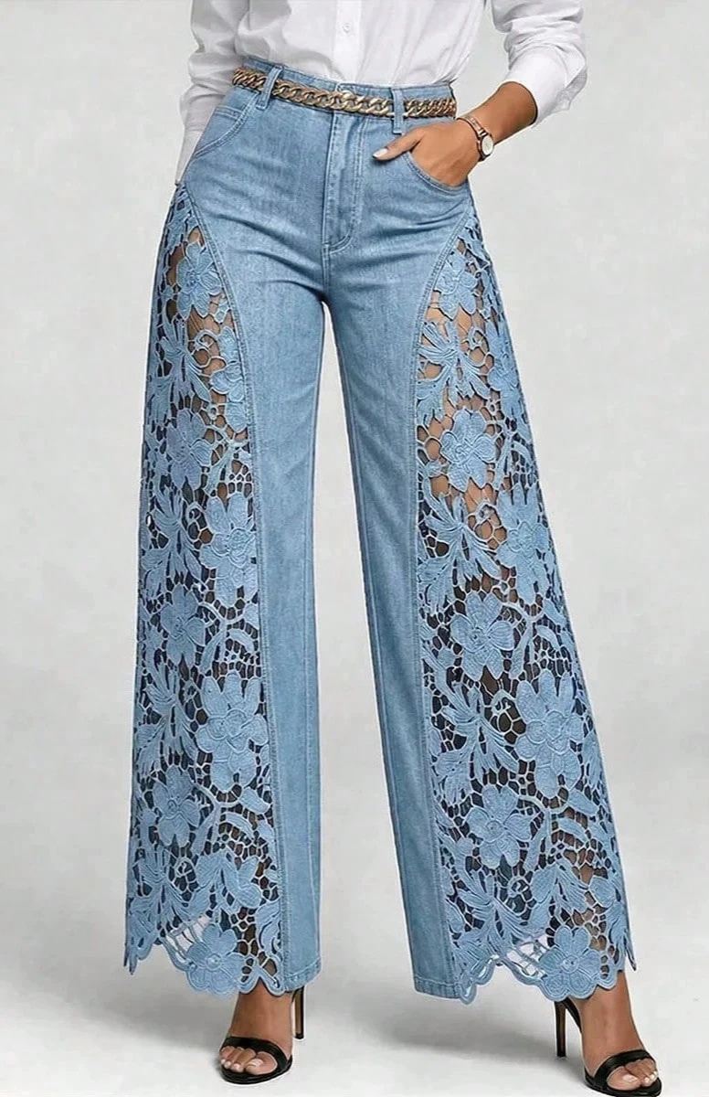 Summer Hollow Out Jeans Women Elegant High Waist Wide Leg Bottoms