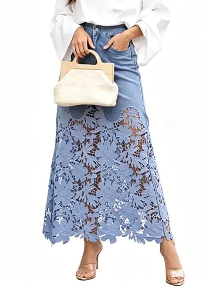 Women's denim bodycon skirt with lace trim