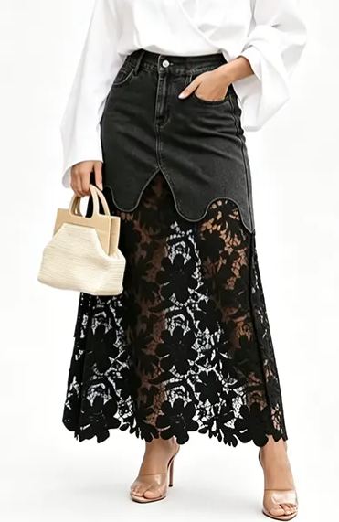 Women's denim bodycon skirt with lace trim