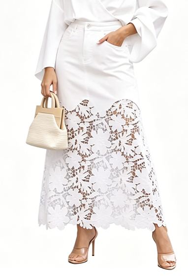 Women's denim bodycon skirt with lace trim