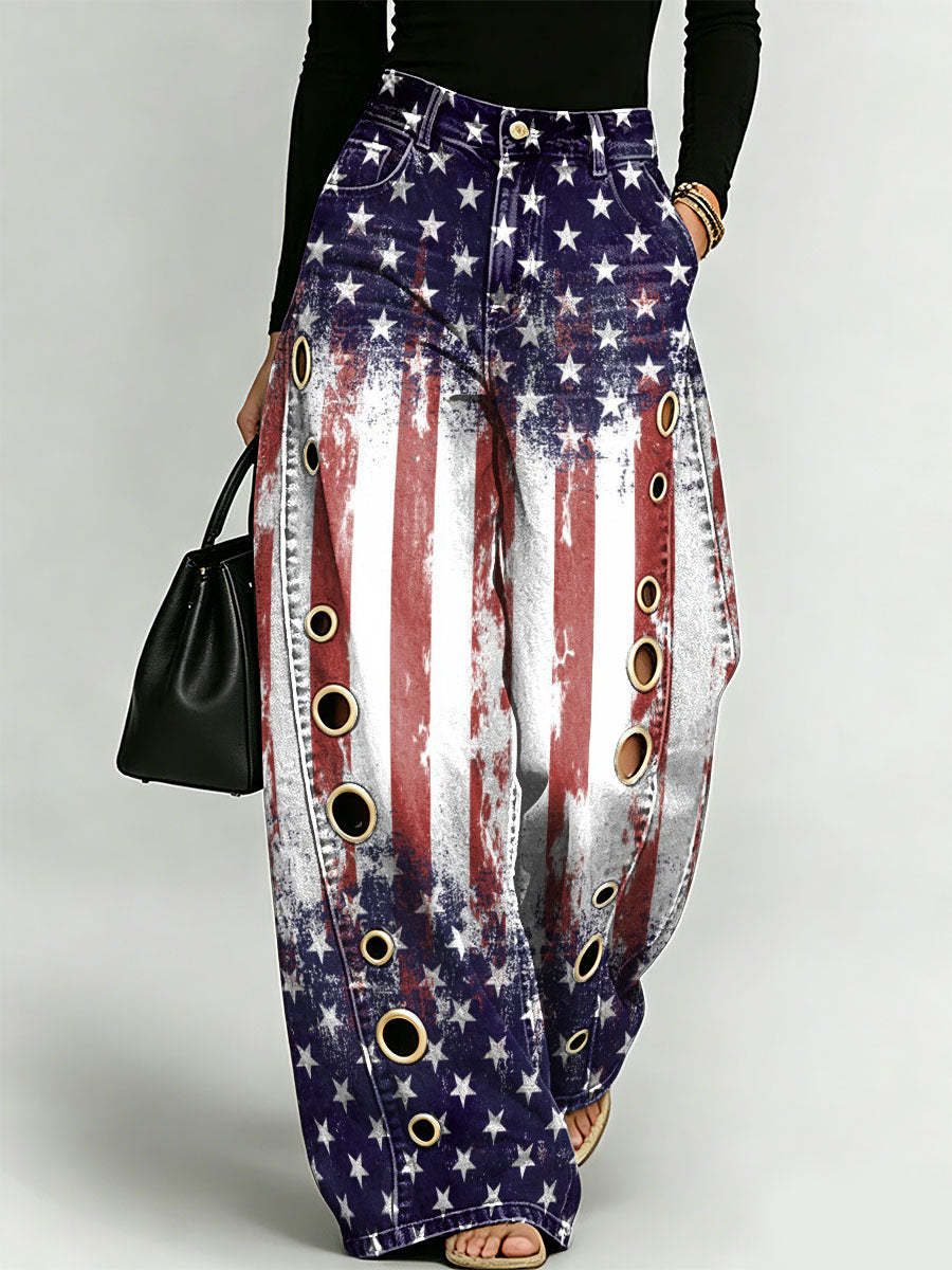 Women's American Independence Day Flag Decoration Patterns Cotton Denim Pants