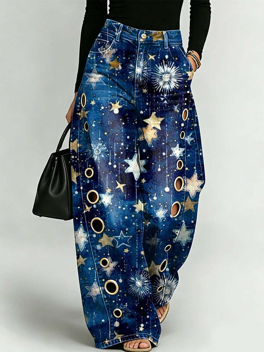 Women's Elegant Retro And Sparkling Star Decorative Pattern Cotton Denim Pants
