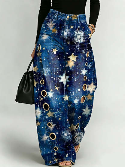 Women's Elegant Retro And Sparkling Star Decorative Pattern Cotton Denim Pants