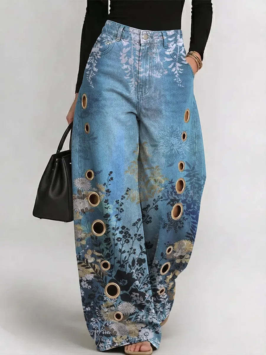 Women's Vintage Gradient Art Flowers Print Casual Fashion Cutout Jeans