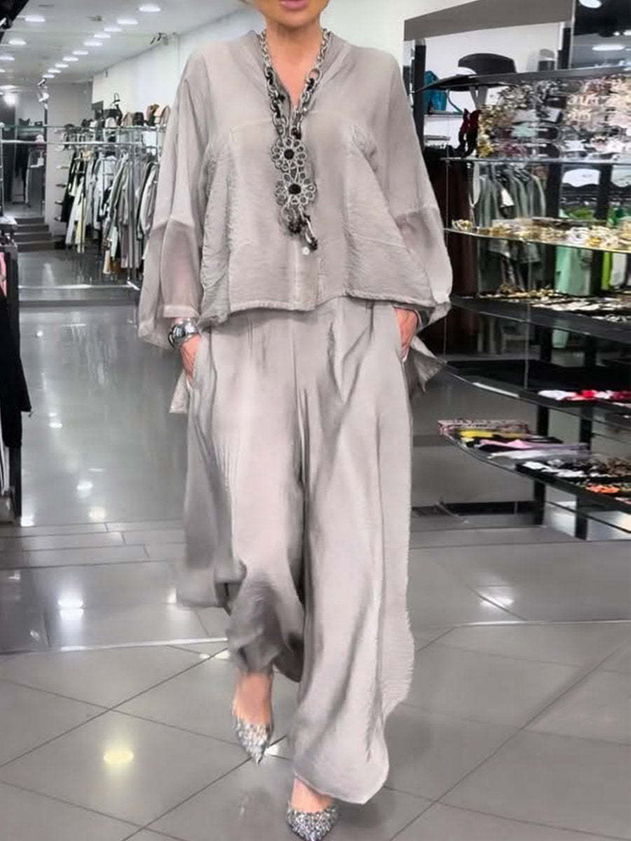 Women's Solid Color V-neck Long-sleeve Loose Casual Top And High-waisted Loose Wide-leg Pants Set