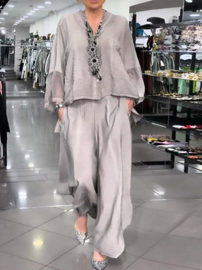 Women's Solid Color V-neck Long-sleeve Loose Casual Top And High-waisted Loose Wide-leg Pants Set