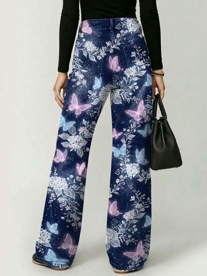 Women's Dreamlike And Mysterious Forest Butterfly Decorative Pattern Cotton Denim Pants