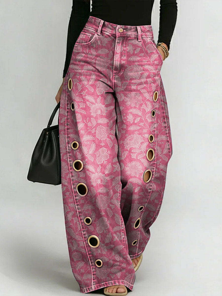 Women's Retro Flower Print Casual Fashion Cutout Jeans