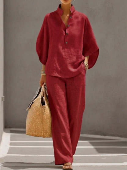 Casual Batwing Sleeve Linen And Cotton Shirt And Trousers Two-piece Set