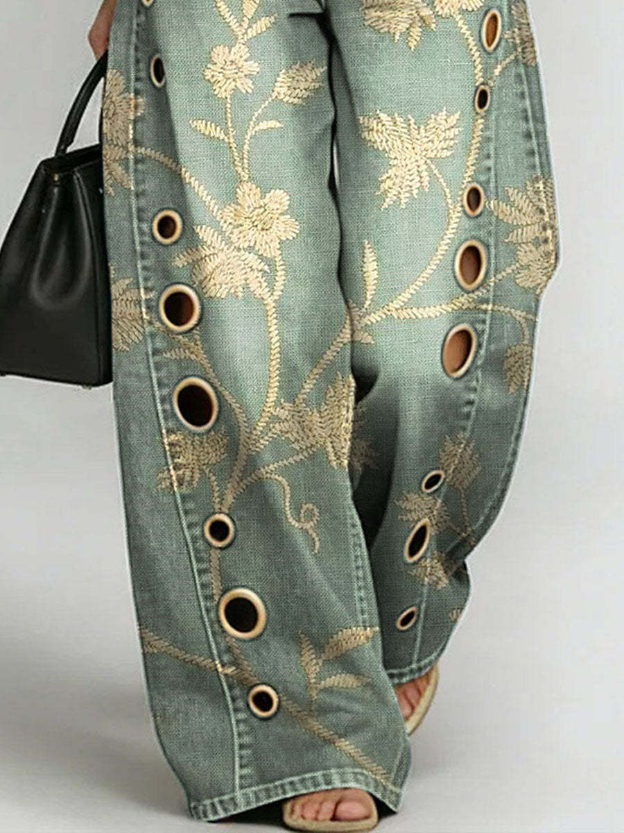 Women's Vintage Flower Print Casual Fashion Cutout Jeans