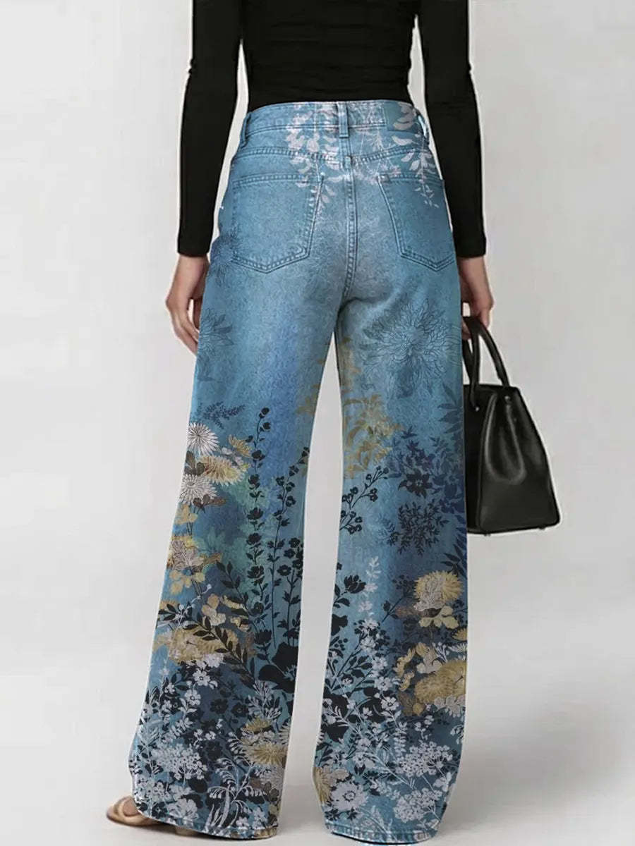 Women's Vintage Gradient Art Flowers Print Casual Fashion Cutout Jeans