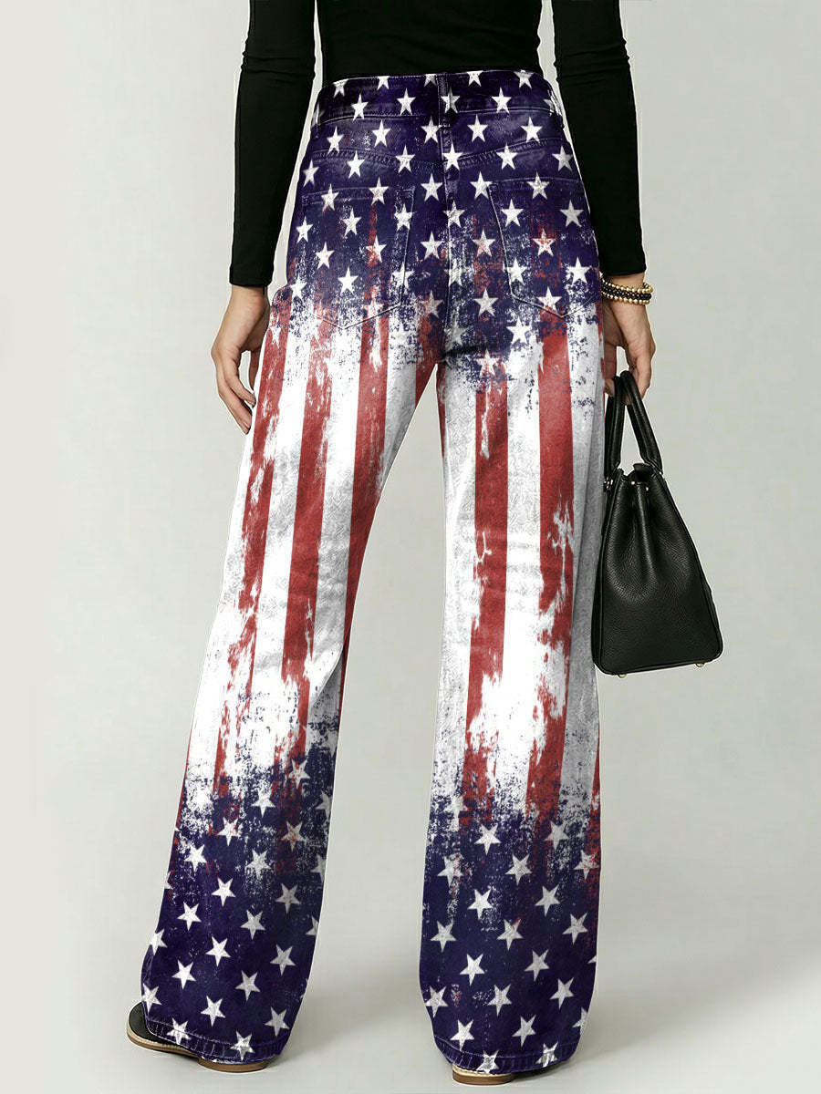 Women's American Independence Day Flag Decoration Patterns Cotton Denim Pants