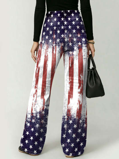 Women's American Independence Day Flag Decoration Patterns Cotton Denim Pants