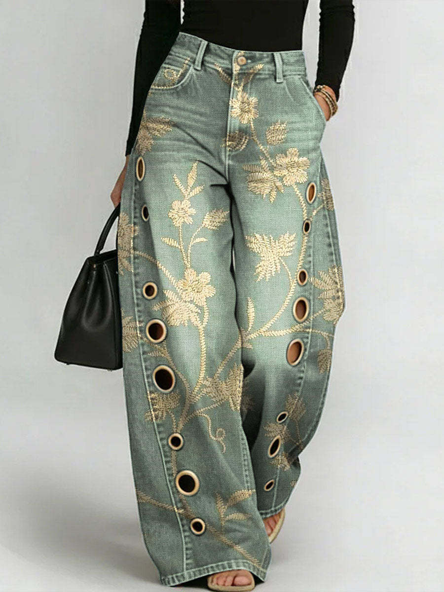 Women's Vintage Flower Print Casual Fashion Cutout Jeans