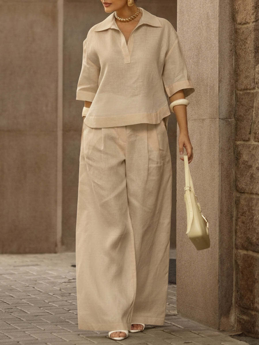Women's Casual Linen And Cotton Shirt And Wide-leg Pants Two-piece Set