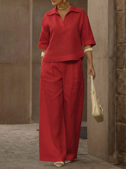 Women's Casual Linen And Cotton Shirt And Wide-leg Pants Two-piece Set