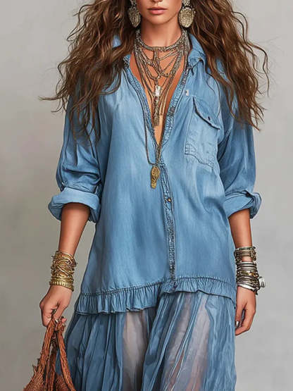 Women's Retro Lapel Denim Organza Patchwork Art Casual Maxi Dress