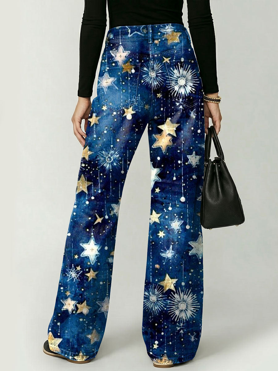Women's Elegant Retro And Sparkling Star Decorative Pattern Cotton Denim Pants