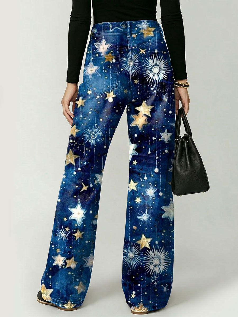 Women's Elegant Retro And Sparkling Star Decorative Pattern Cotton Denim Pants