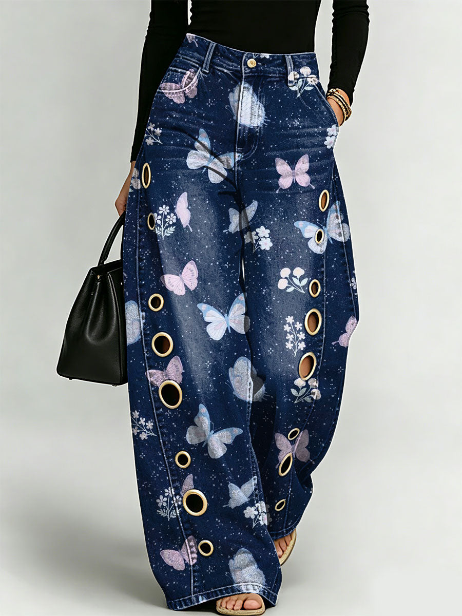 Dreamlike Butterfly Decorative Pattern Women's Cotton Denim Pants