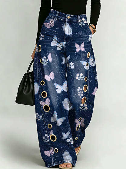 Dreamlike Butterfly Decorative Pattern Women's Cotton Denim Pants