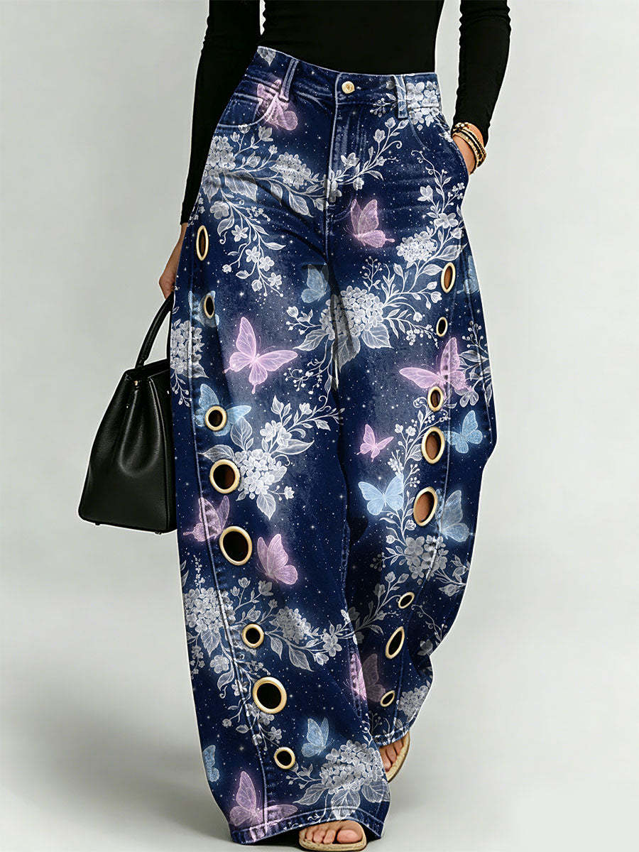 Women's Dreamlike And Mysterious Forest Butterfly Decorative Pattern Cotton Denim Pants