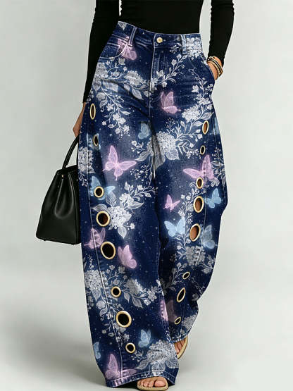 Women's Dreamlike And Mysterious Forest Butterfly Decorative Pattern Cotton Denim Pants