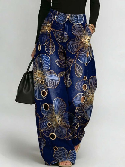 Women's Retro Floral Art Print Casual Stylish Hollow Denim Pants