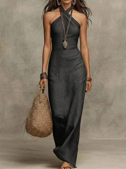 Stylish & Sexy Halter-neck Cotton-linen Maxi Dress