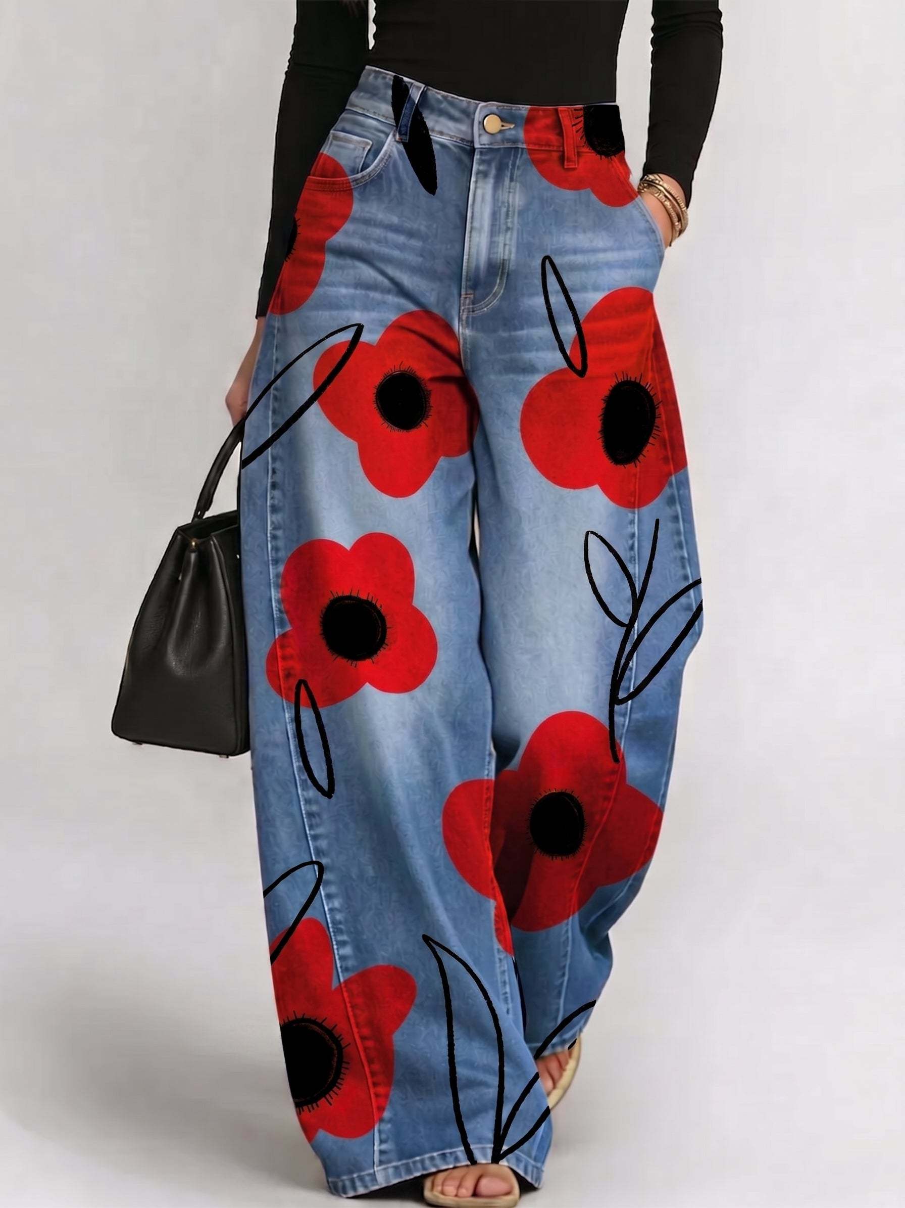 Women's Vintage Florals Print Loose-fit Jeans