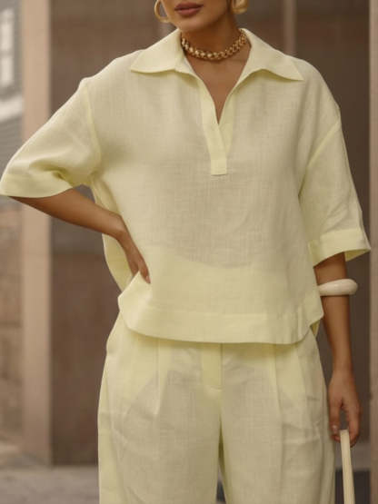 Women's Casual Linen And Cotton Shirt And Wide-leg Pants Two-piece Set