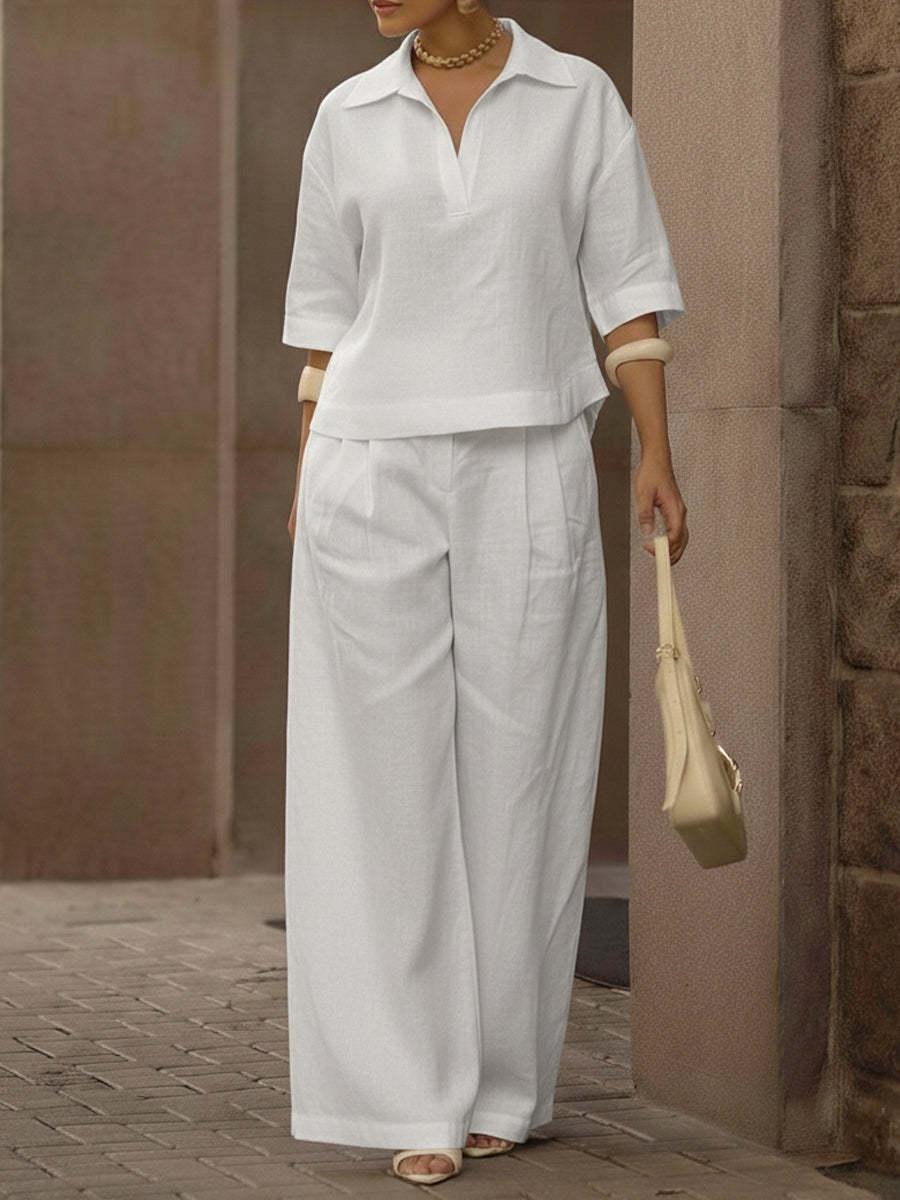 Women's Casual Linen And Cotton Shirt And Wide-leg Pants Two-piece Set