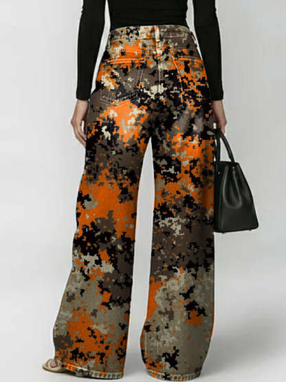 Women's Retro Art Print Casual Stylish Hollow Denim Pants