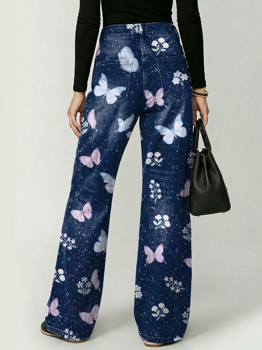Dreamlike Butterfly Decorative Pattern Women's Cotton Denim Pants