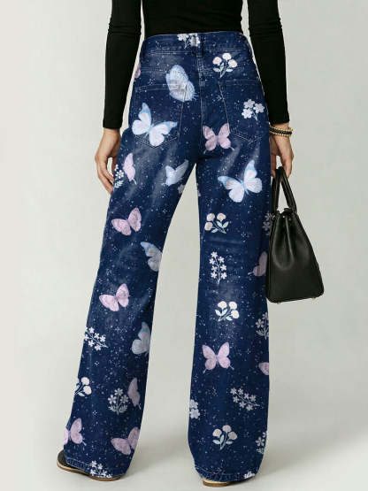 Dreamlike Butterfly Decorative Pattern Women's Cotton Denim Pants