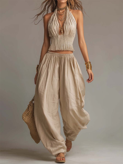 Sexy Boho Halter Top & Wide-leg Pants Two-piece Set