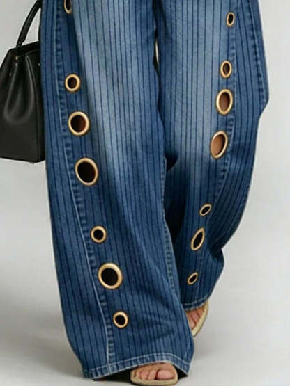 Women's Retro Stripe Print Casual Fashion Cutout Jeans