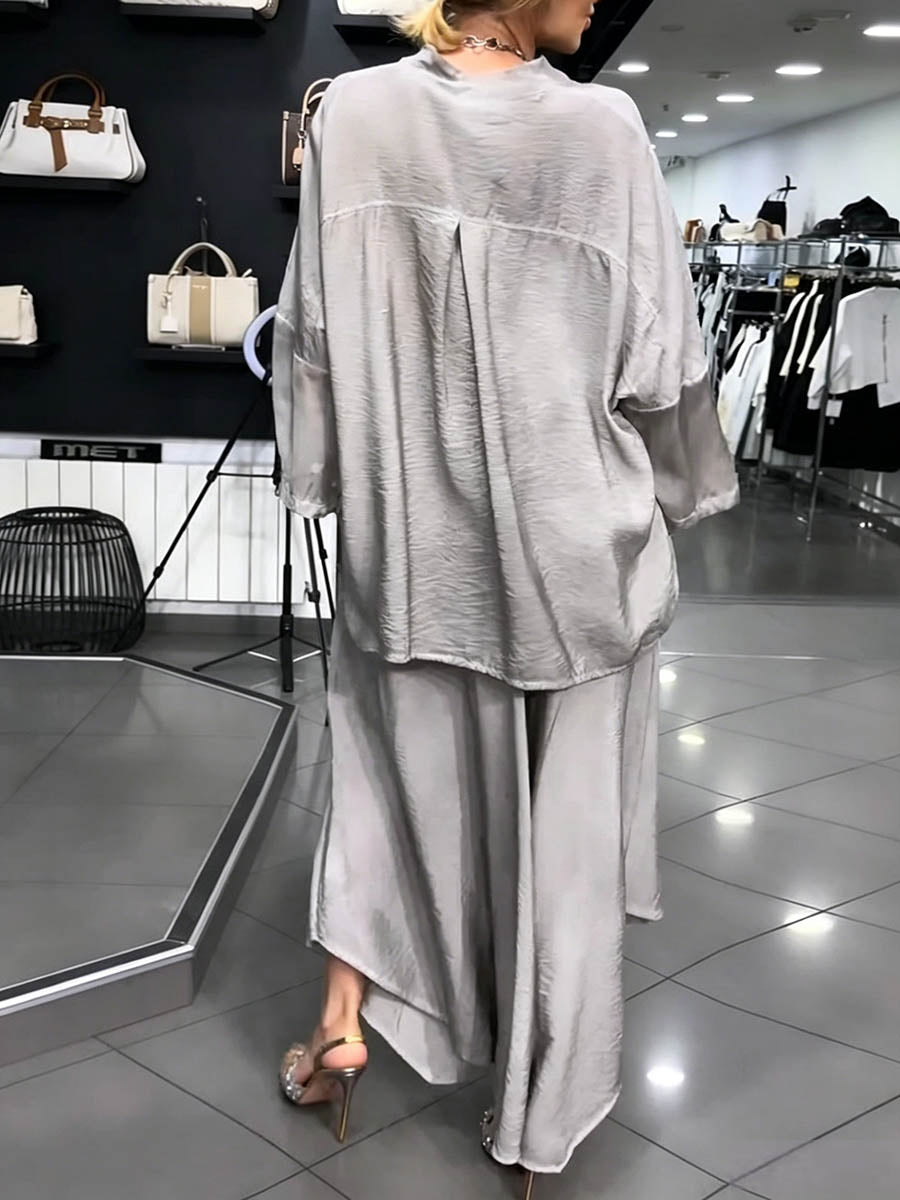 Women's Solid Color V-neck Long-sleeve Loose Casual Top And High-waisted Loose Wide-leg Pants Set